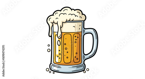 Cartoon Beer Mug with Frothy Head and Bubbles.