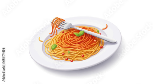 Delicious Spaghetti with Tomato Sauce and Basil on a White Plate.