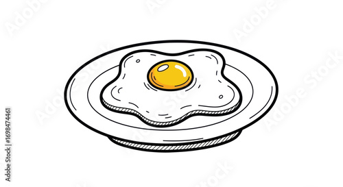 Cartoon Fried Egg with Bright Yellow Yolk on a White Plate Illustration.