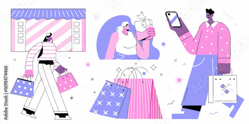 Modern flat illustration of people enjoying shopping and online purchases with colorful bags and store facade