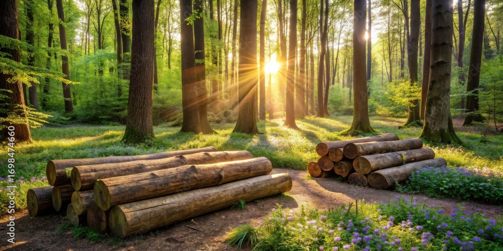Fototapeta premium Golden Sunlight Illuminates a Forest Path Flanked by Stacks of Timber Logs and Blossoming Spring Flowers