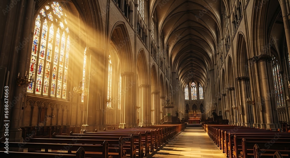 Fototapeta premium Sunlit Gothic Cathedral Interior with Stained Glass Light Rays and Empty Wooden Pews.