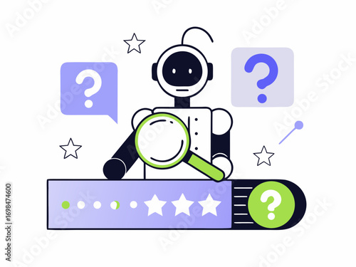 Robot with magnifying glass investigating search bar and question marks symbolizing inquiry and data analysis