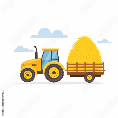 Tractor with hay. Farm and agriculture. Flat dried haystack in wagon and suck, hayloft.