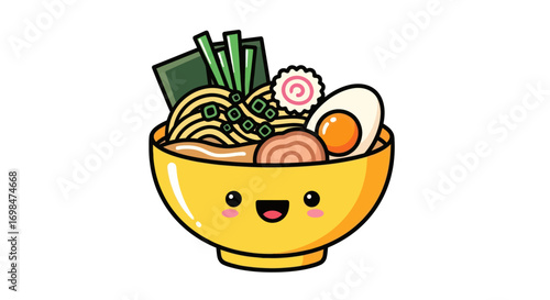 Cute Cartoon Ramen Bowl with Happy Face and Toppings.