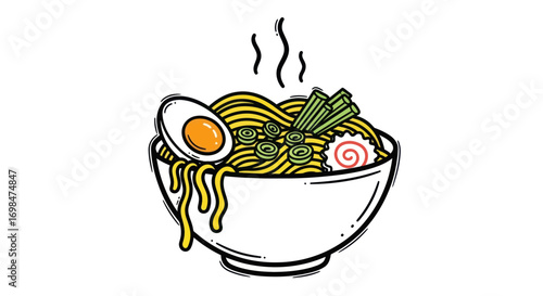 Hand-drawn illustration of a steaming bowl of Japanese ramen noodles with egg, scallions, and narutomaki.
