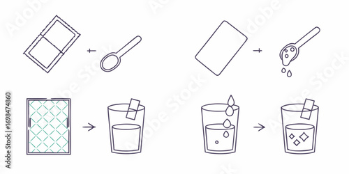 Step by step illustration of how to prepare a drink from a powder packet and water