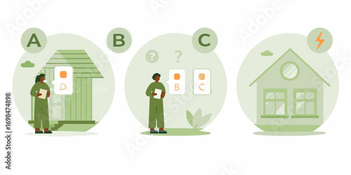 Illustration of three stages of a decision making process for choosing a home or service