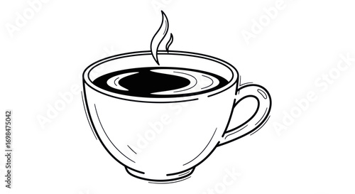 A steaming cup of hot coffee in a white ceramic mug.