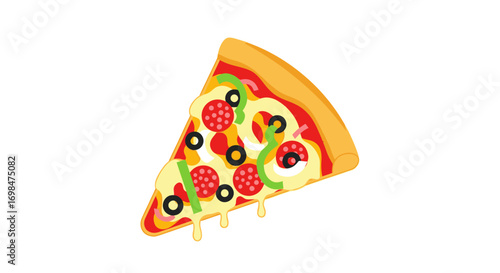 Delicious slice of pepperoni and vegetable pizza with melted cheese.