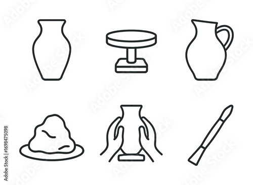 Pottery tools and processes: vase, pottery wheel, jug, clay, hands crafting, paintbrush