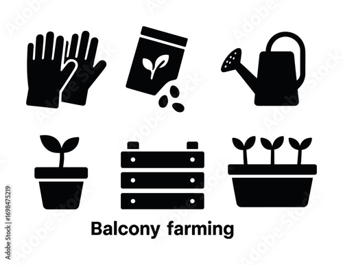 Urban balcony farming essentials: gloves, seeds, watering can, pots, boxes