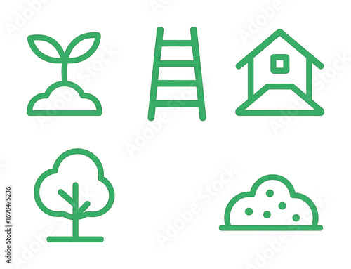 Green garden icons: plant, ladder, house, tree, bush