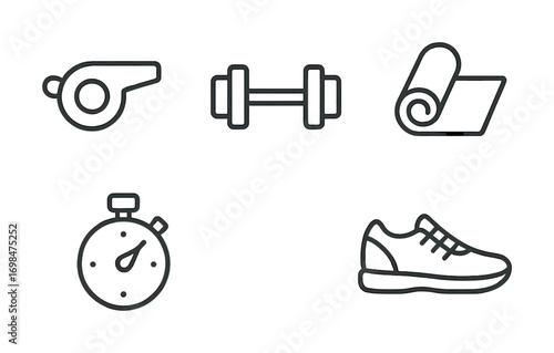 Fitness icons: whistle, dumbbell, mat, stopwatch, shoe - exercise essentials