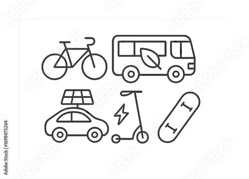 Eco-friendly transportation icons: bicycle, electric bus, solar car, scooter, skateboard