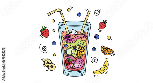 Refreshing Fruit Smoothie in Glass with Straws and Assorted Fruits.