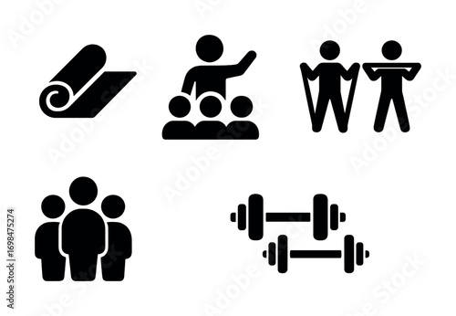 Fitness and exercise icons featuring group workout, yoga mat, resistance bands, and dumbbells