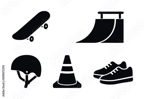 Skateboarding icons: skateboard, ramp, helmet, cone, sneakers