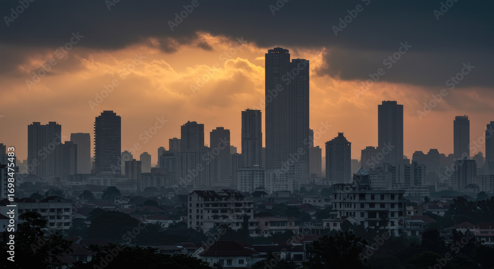 Fototapeta premium City skyline during dramatic sunset light
