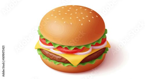 Deliciously Stacked Cheeseburger with Fresh Toppings and Sesame Seed Bun.
