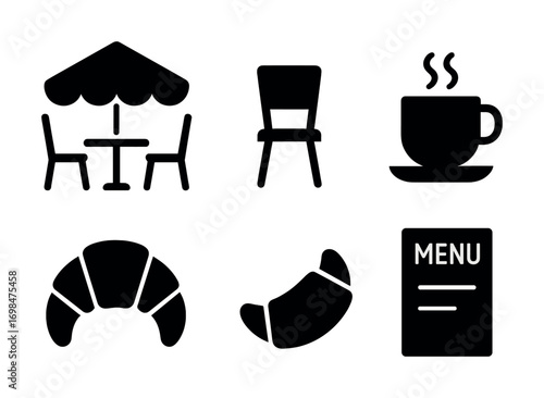 Cafe icons featuring patio, chair, coffee, croissant, menu in bold silhouette design