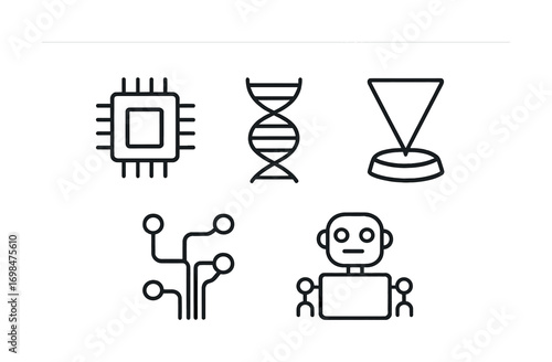 Abstract technology symbols including microchip, dna helix, and robot icon