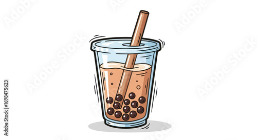 A colorful hand-drawn illustration of a boba milk tea in a clear plastic cup with a wide straw and dark tapioca pearls.