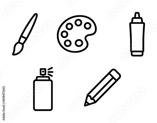 Art supplies icons: paintbrush, palette, marker, spray can, pencil outline