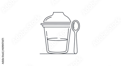 Line art illustration of a baby feeding cup with a spoon.