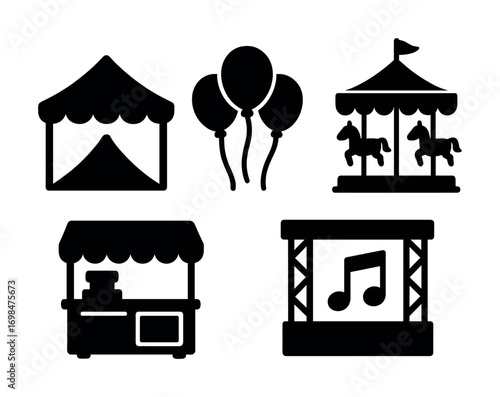 Festival icons: tent, balloons, carousel, food stall, stage silhouettes