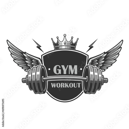 Sports center advertising poster made using disc weight dumbbell and kettle bell sport fitness and power lifting equipment.