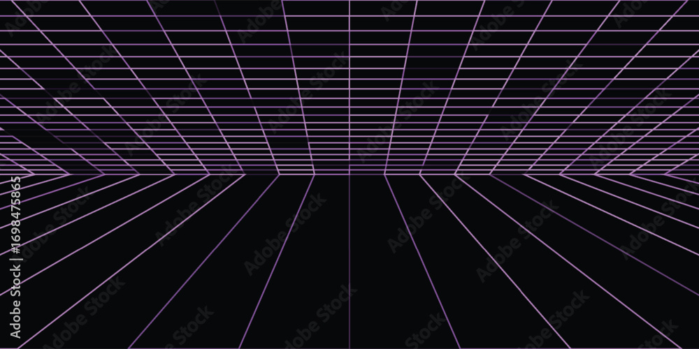 Naklejka premium Glowing neon purple wireframe background. Shining checkered grid planes in perspective. Bright retro futuristic horizon wallpaper. Arcade game sci fi matrix surface. Vector backdrop for poster, banner