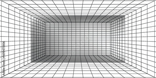 Perspective grid background 3d Vector illustration. Interior design Model projection background template. Line one point perspective