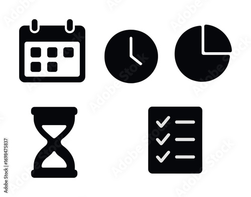 Calendar, clock, pie chart, hourglass, and checklist icons for time management