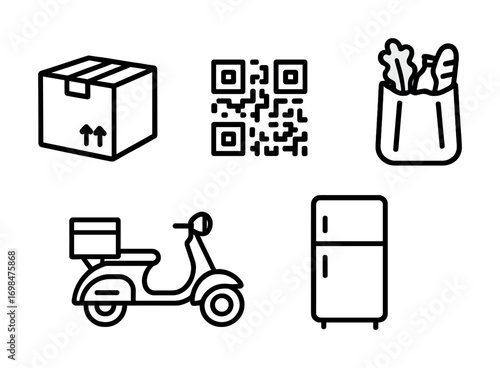 Delivery icons set: box, qr code, grocery bag, scooter, fridge