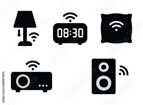 Smart home devices with wi-fi: lamp, clock, pillow, speaker icons