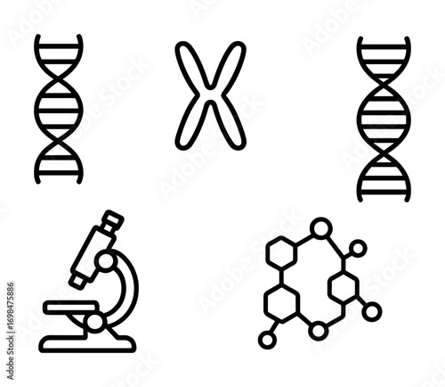 Scientific icons: dna strands, chromosome, microscope, molecular structure