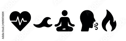 Health and wellness symbols: heartbeat, water, meditation, breathing, fire icons