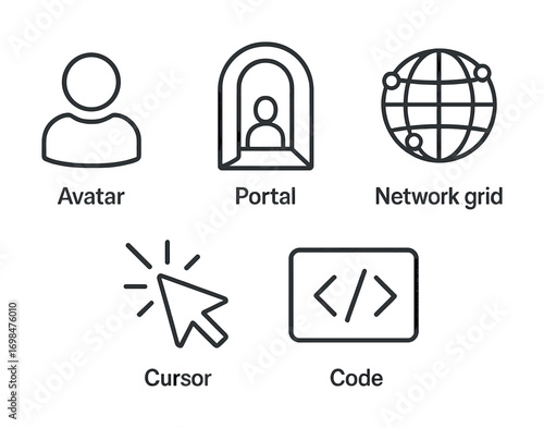 Digital icons collection: avatar, portal, network grid, cursor, code