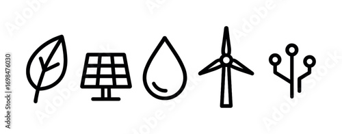 Minimalist icons representing sustainability: leaf, solar panel, water, wind turbine, technology