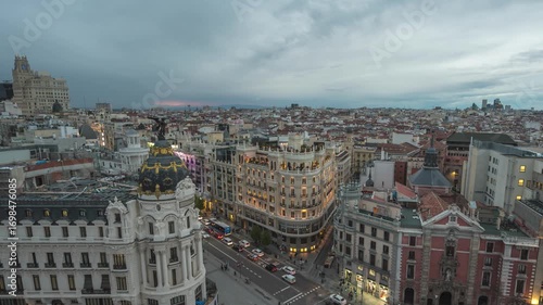 Madrid Spain time lapse day to night high angle view city skyline at Gran Via street
