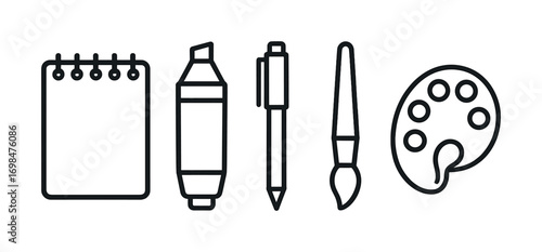 Art supplies line art: notepad, marker, pen, paintbrush, palette illustrations