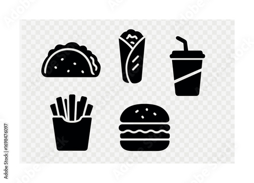Silhouette icons of taco, burrito, drink, fries, and burger on transparent background
