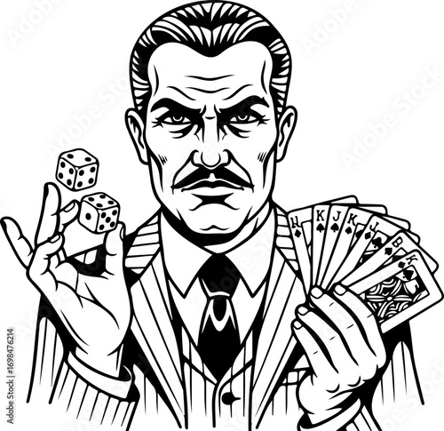 Intense man holding dice and cards, ready to gamble in a high-stakes game, perfect for casino promotions or edgy designs, originally designed as scalable vector art