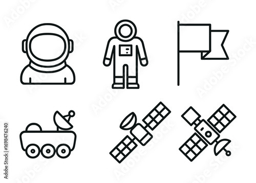 Space exploration icons: astronauts, flag, rover, satellites in minimalist style