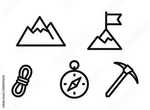 Mountain climbing icons: rope, compass, pickaxe, flag, summit