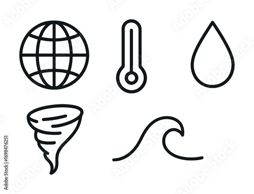 Climate change symbols: global warming, temperature, water, tornado, wave