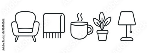 Cozy home essentials: armchair, blanket, coffee mug, potted plant, lamp line icons
