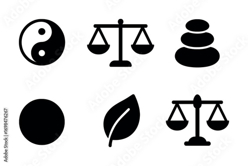 Yin yang symbol, balance scales, stone stack, and leaf on white background