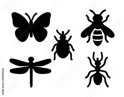 Silhouette collection of insects: butterfly, bee, beetle, dragonfly, ant
